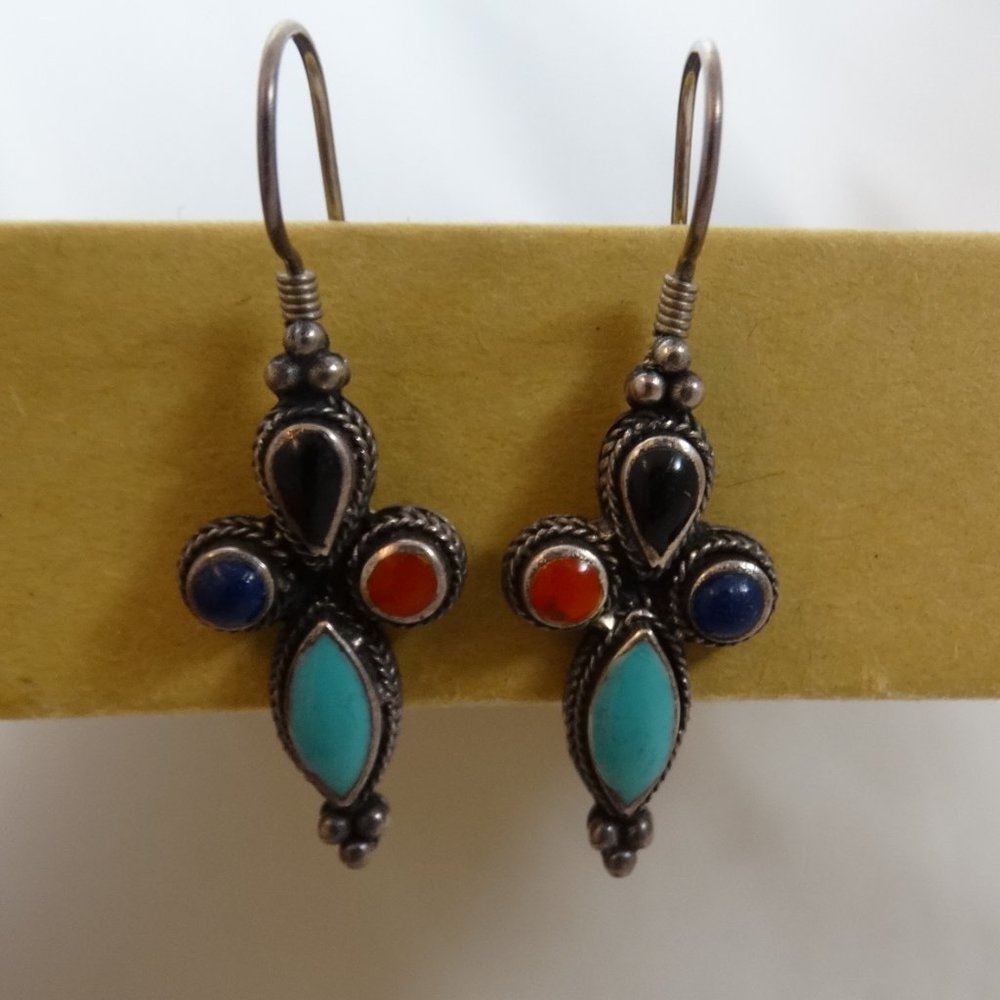 Vintage Sterling Silver Southwestern Cross Earring Muti Color Stones 925 Pierced